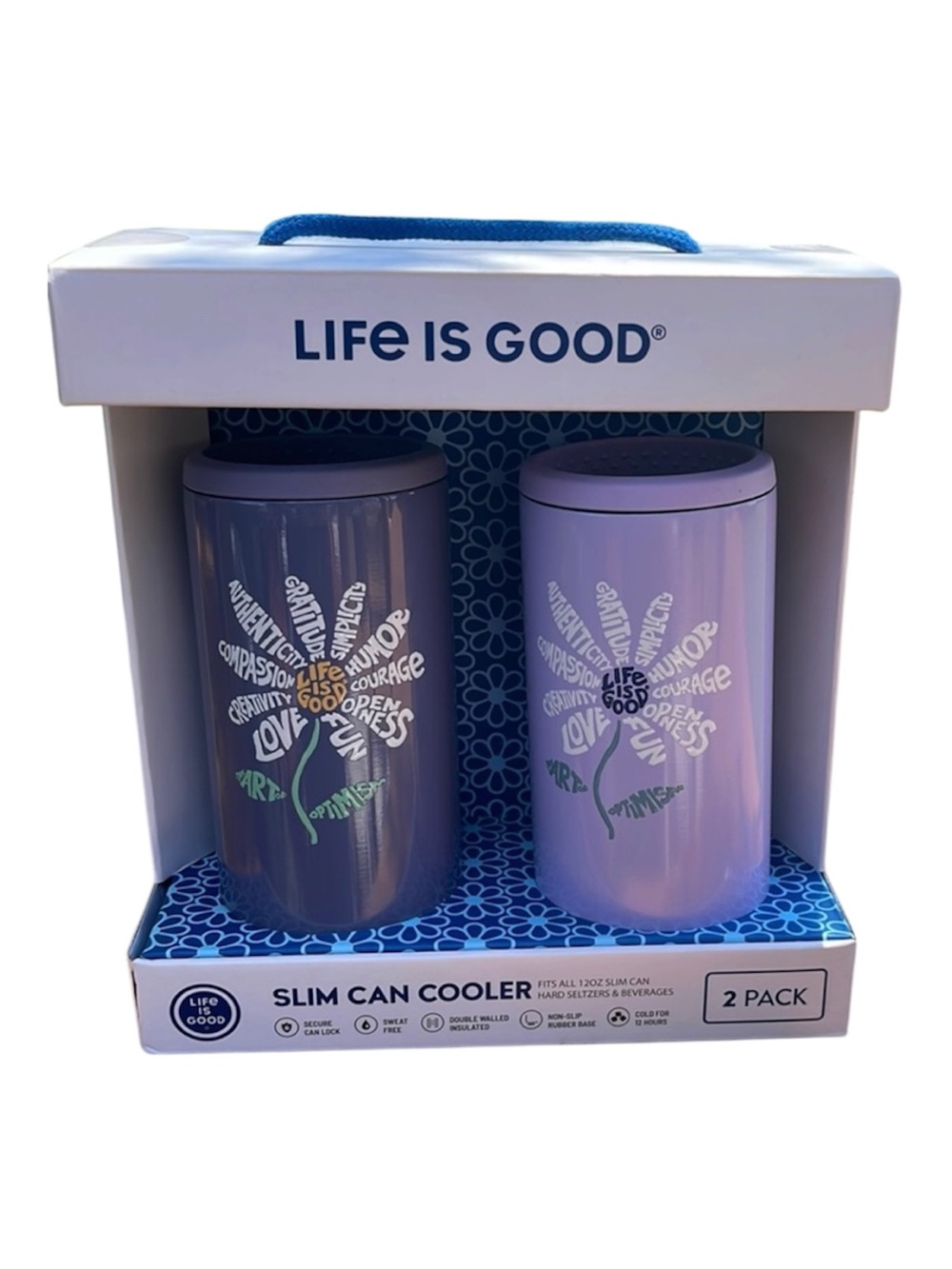 Life is Good 2-Pack Slim Can Coolers Purple Daisy Design The Art of Optimism